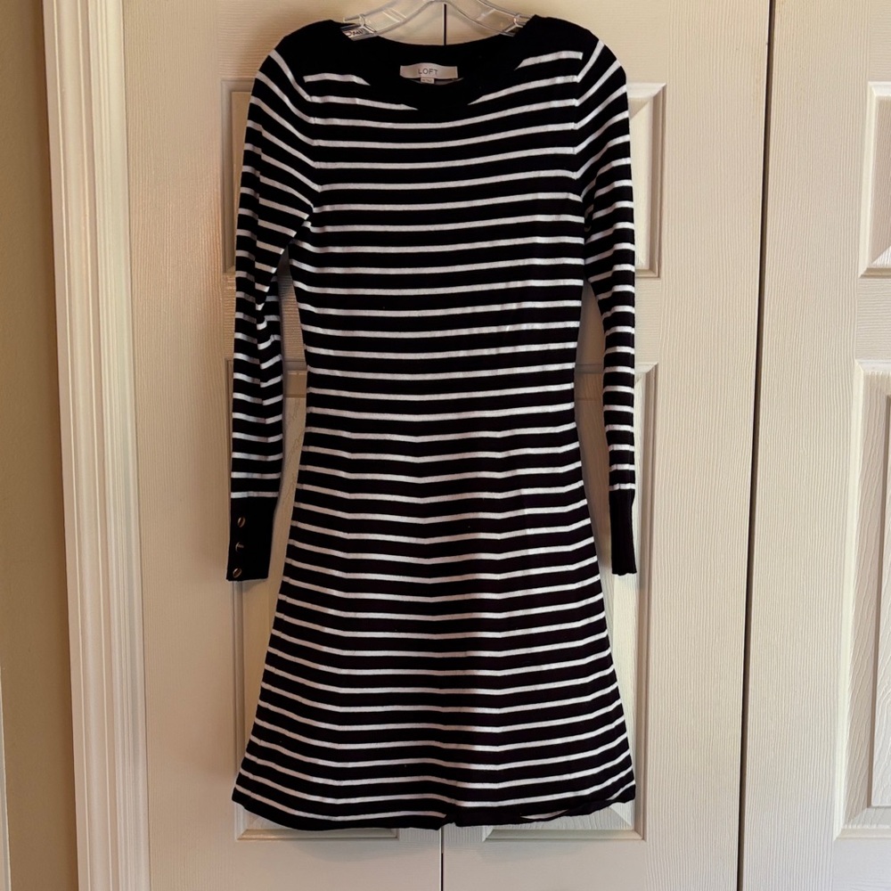 LOFT Black and White Striped Long Sleeve Dress